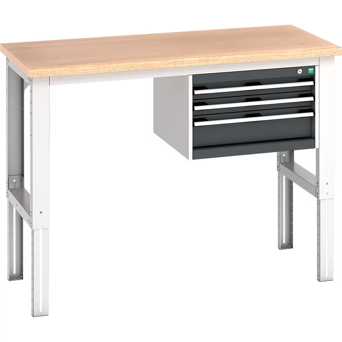 Werkbank mit Holzplatte, grauen Schubladen und weißen Beinen.