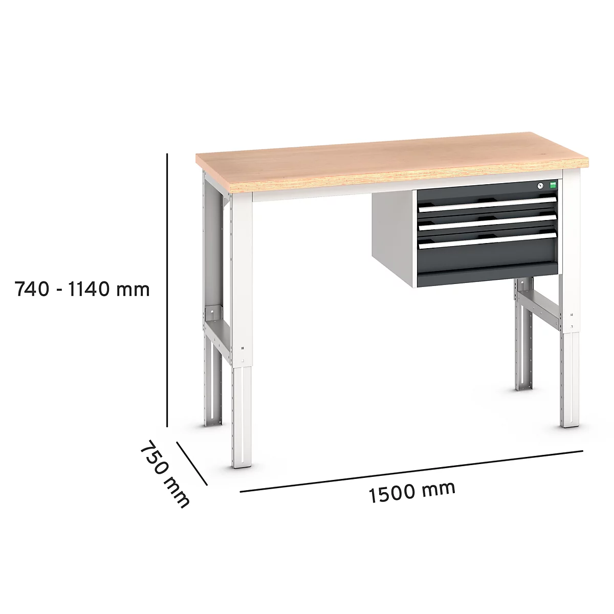 Werkbank mit Holzplatte, grauen Beinen und Schubladen. Abmessungen: 1500 x 750 x 740-1140 mm.