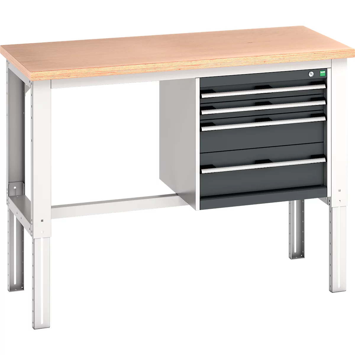 Werkbank mit Holzplatte, grauem Schubladenschrank und hellen Beinen.