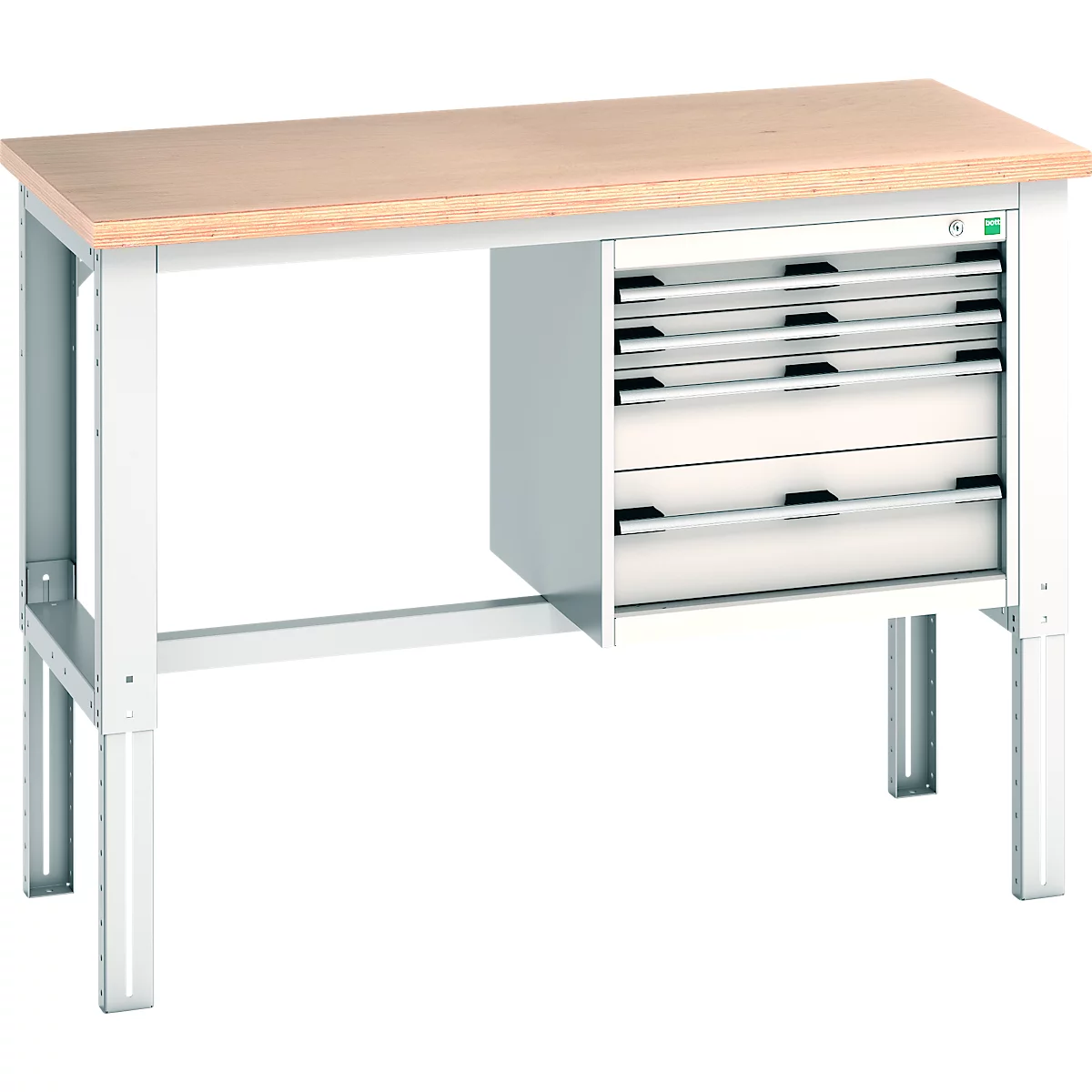 Werkbank mit Holzplatte, weißem Metallgestell und Schubladen. Die Schubladen haben schwarze Griffe.