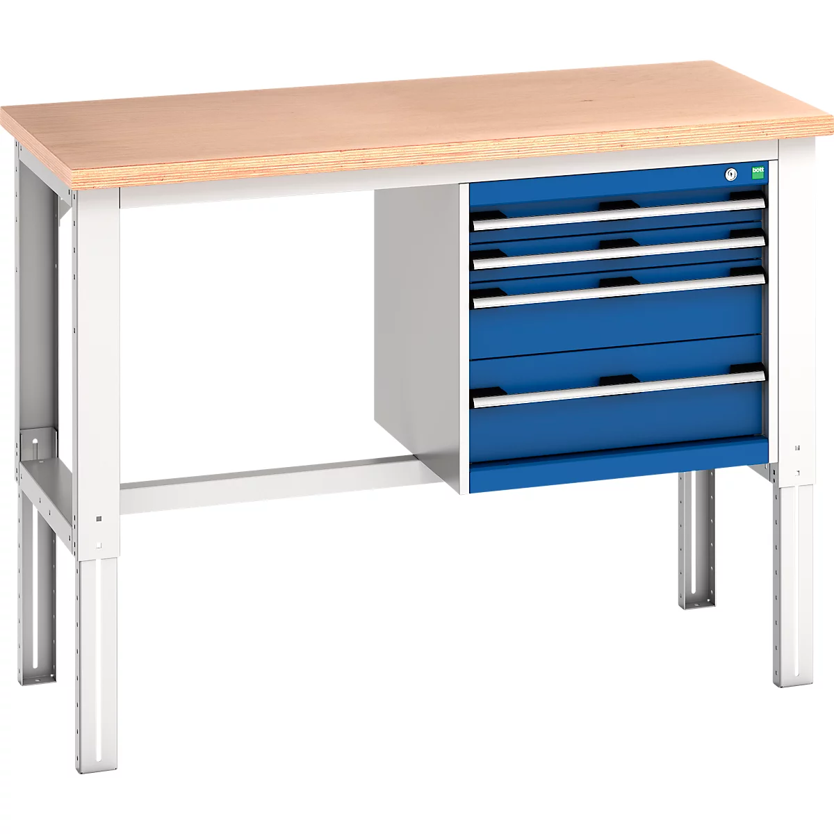 Werkbank mit Holzplatte, weißem Gestell und blauer Schubladenkommode.