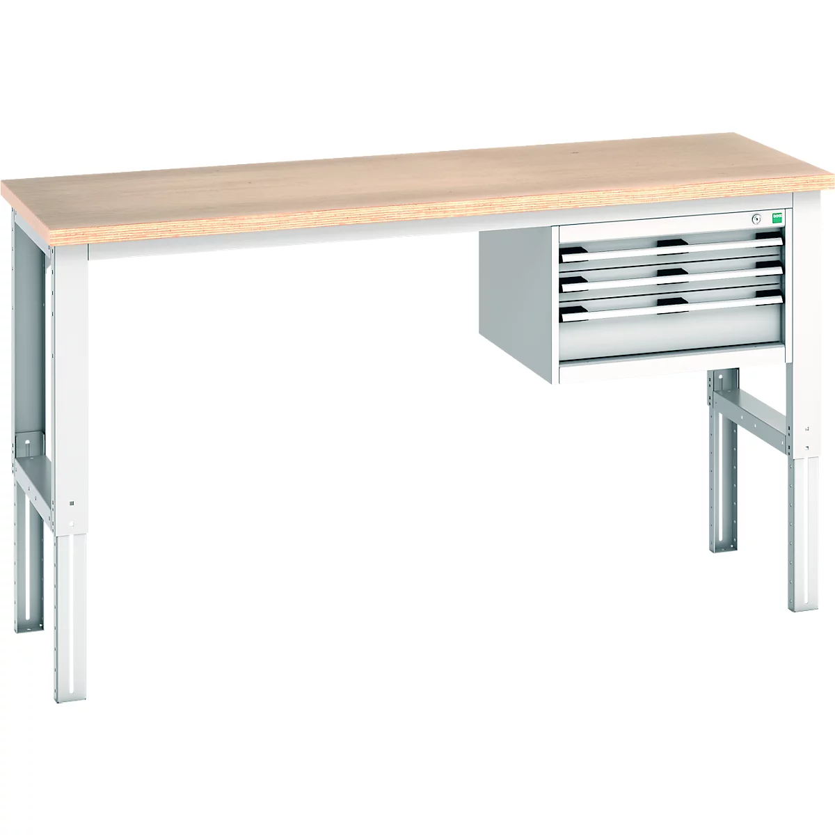 Werkbank mit Holzplatte, Stahlgestell und Schubladenelement. Unter der Platte sind drei Schubladen angebracht.