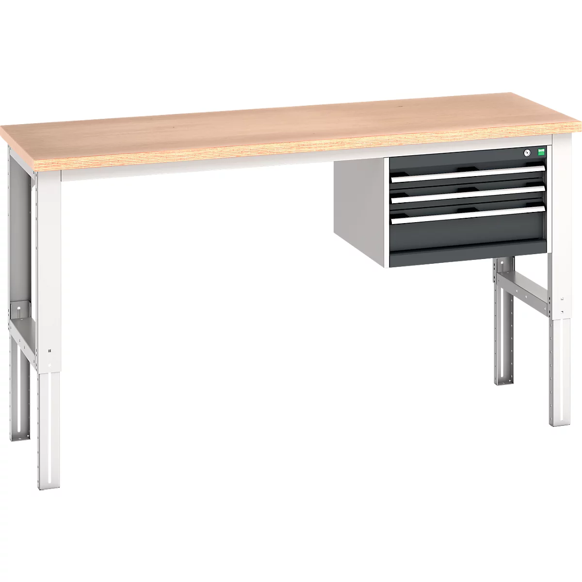 Werkbank mit Holzplatte, grauen Schubladen und weißen Beinen.