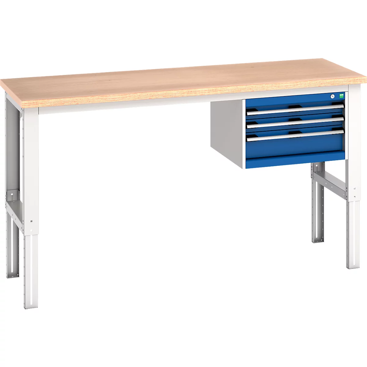 Werkbank mit Holzplatte, weißem Gestell und blauen Schubladen.