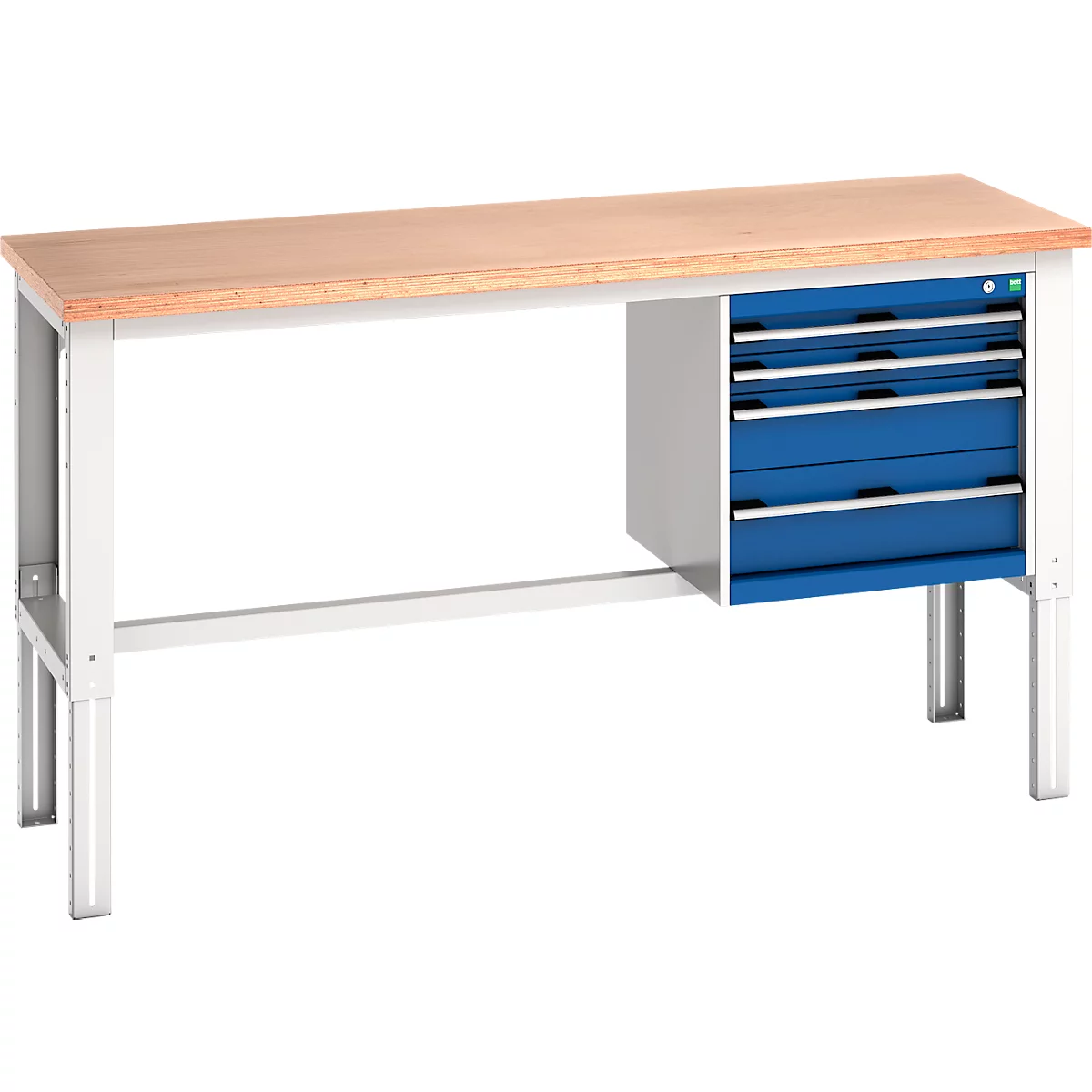 Werkbank mit Holzplatte, weißem Gestell und blauen Schubladen.