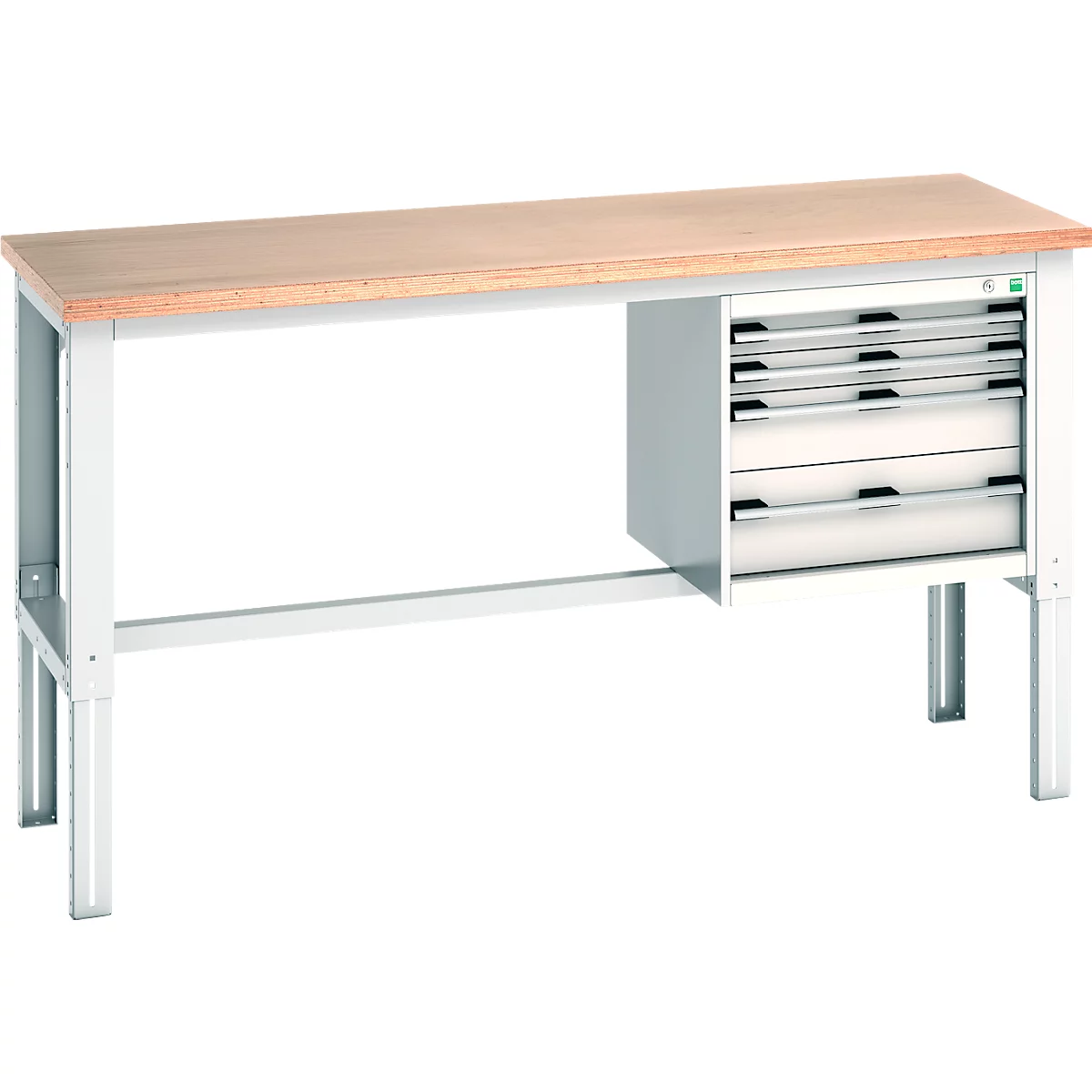 Werkbank mit Holzplatte, grauem Metallrahmen und Schubladen. Rechts die Schubladen.