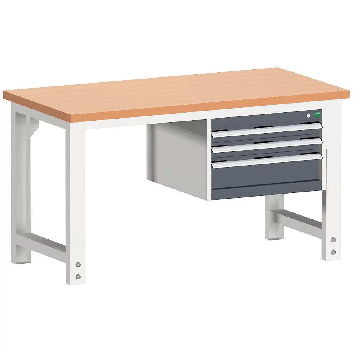 Werkbank aus Holz mit Schubladen. Holzplatte mit hellen Metallbeinen, dunklen Schubladen.