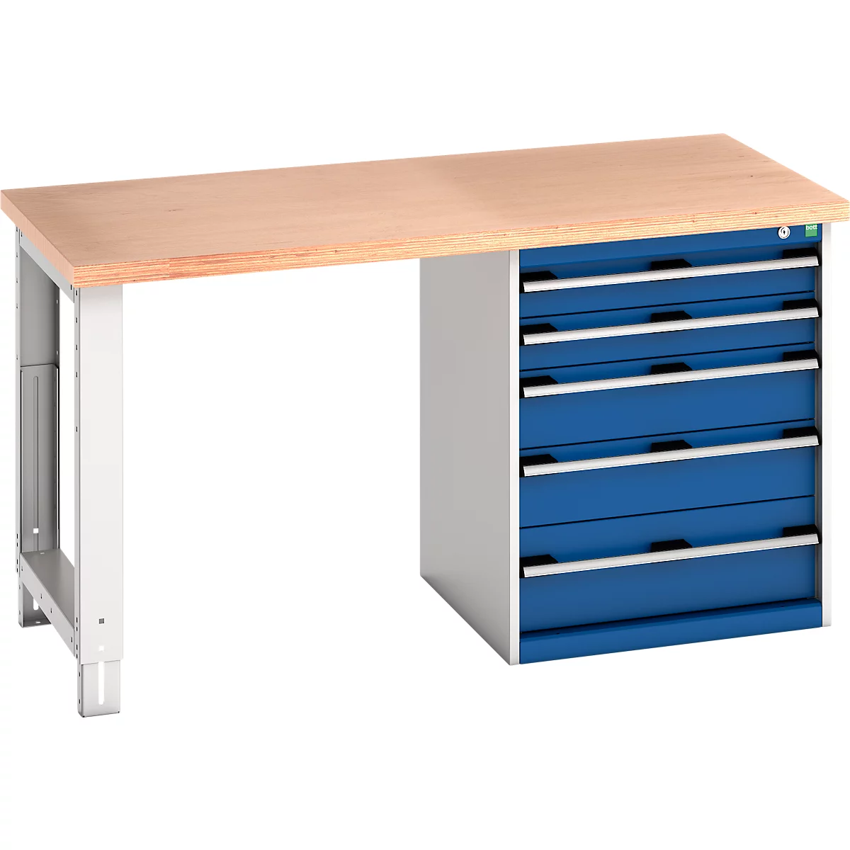 Werkbank mit Holzplatte, blauem Schubladenschrank und weißen Beinen.
