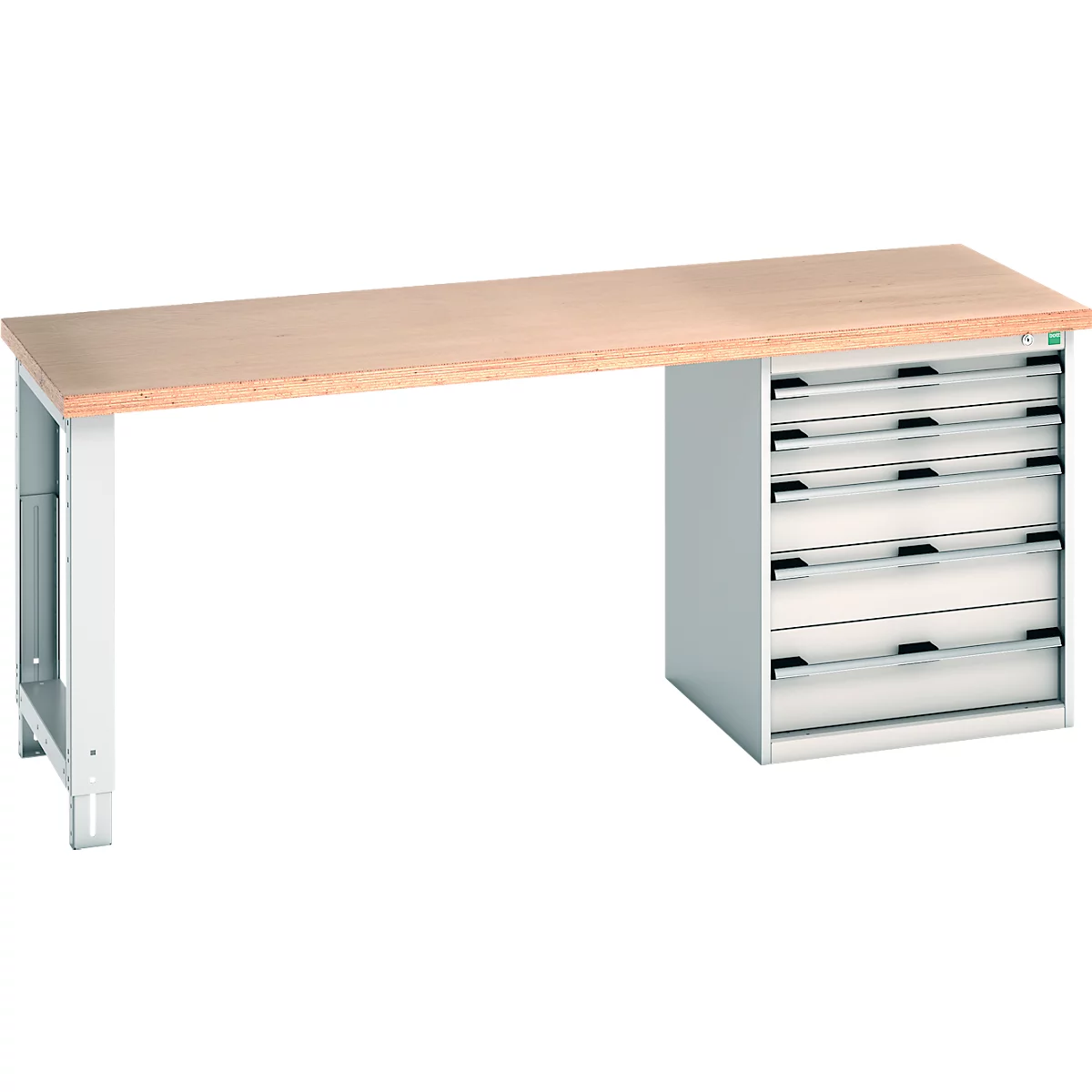 Werkbank mit Holzplatte, hellgrauem Gestell und Schubladen. Die Werkbank ist leer.