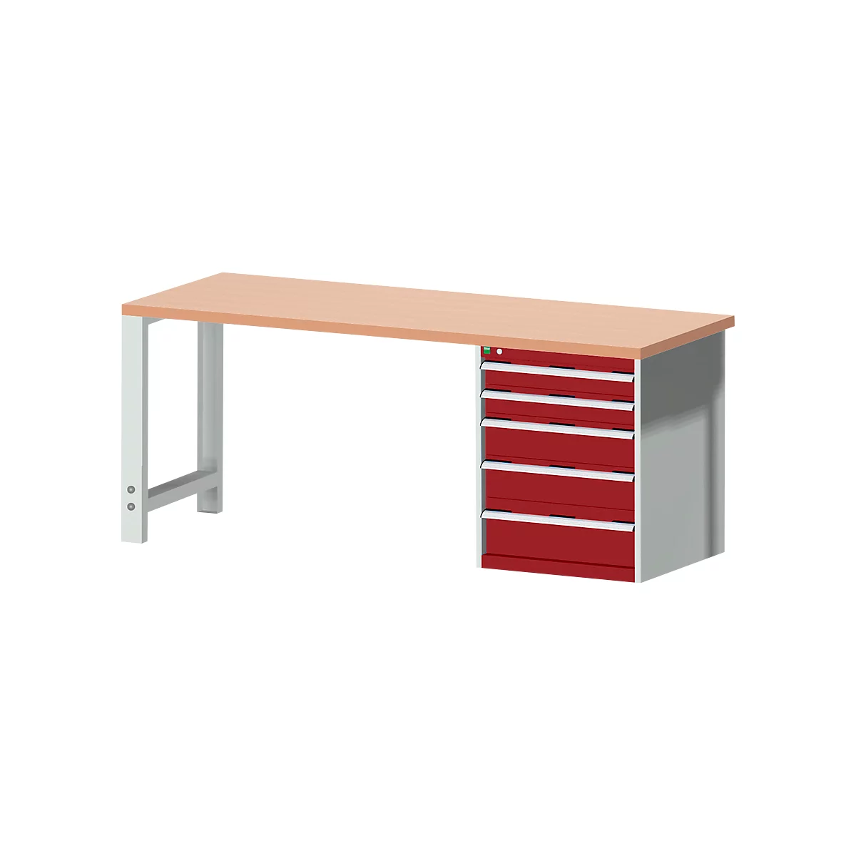 Bott Werkbank cubio, mit Schubladenschrank, Rotbuchenholz, B 2000 x T 750 x H 840 mm, 700 kg, lichtgrau RAL 7035/purpurrot RAL 3004