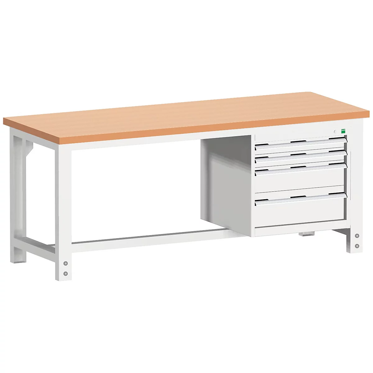 Werkbank aus Holz mit weißem Metallgestell und Schubladen, Ansicht von vorne.