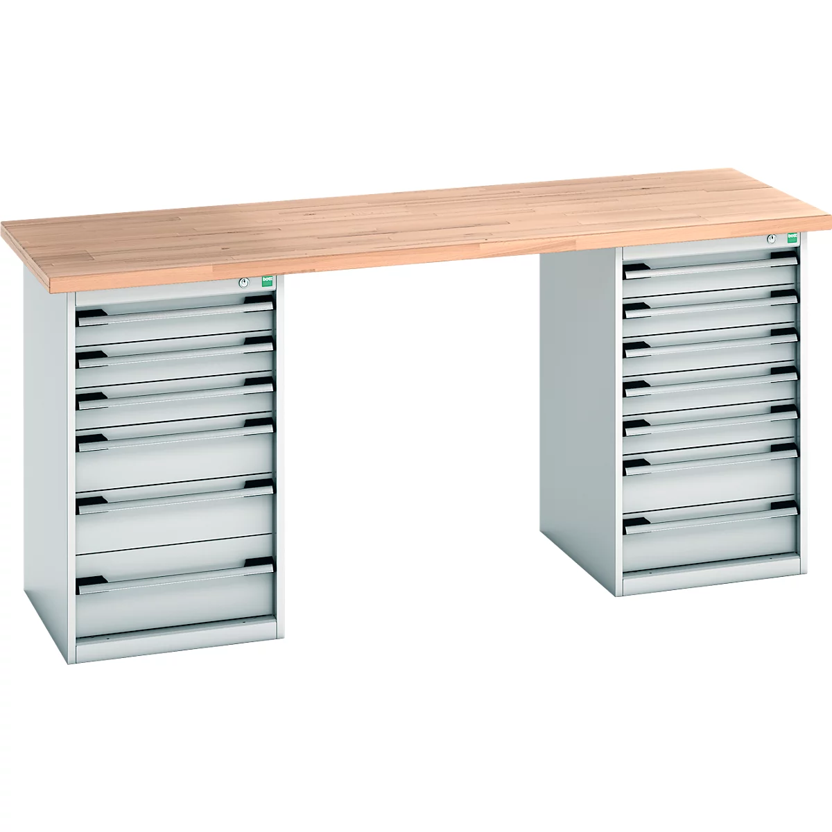 Werkbank met houten werkblad, twee ladekasten en metalen handgrepen.
