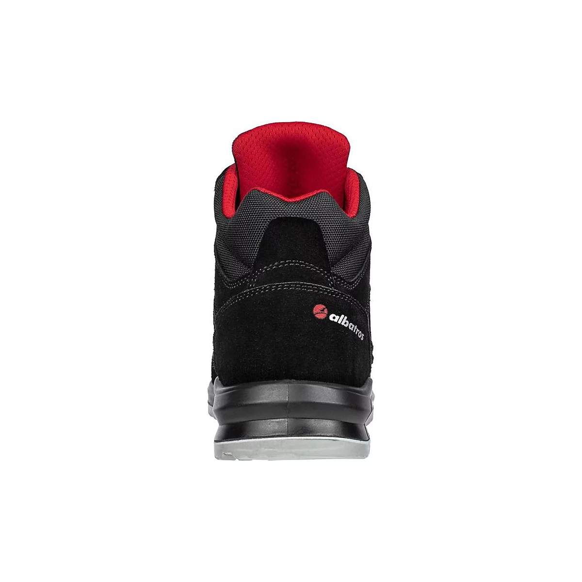 Chaussure de sécurité noire de dos. Doublure rouge, cuir noir, semelle. Logo Albatros.