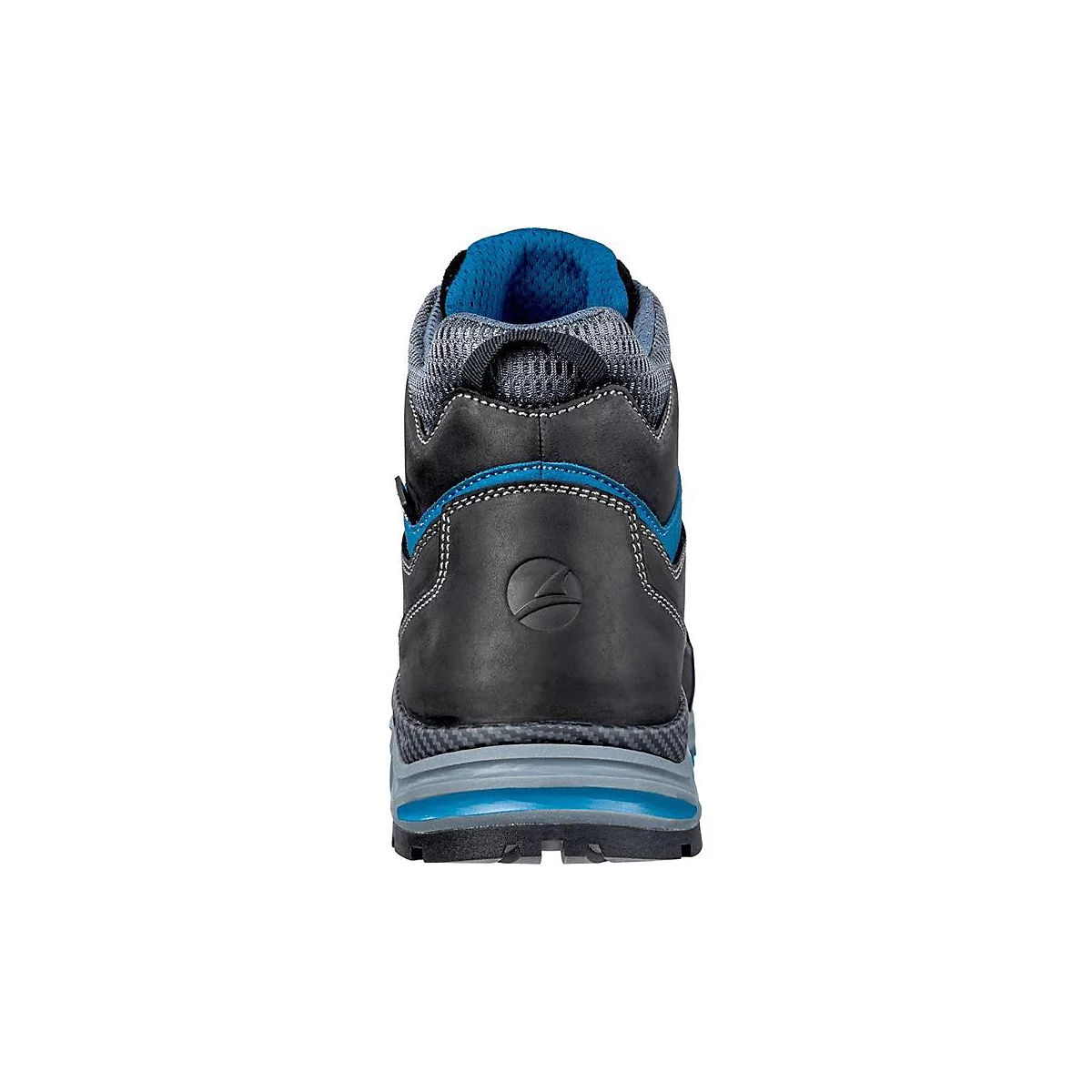 Chaussure de travail noire, plan de détail de l'arrière. Garnitures bleues, semelle gris-noir et textile sur la tige.