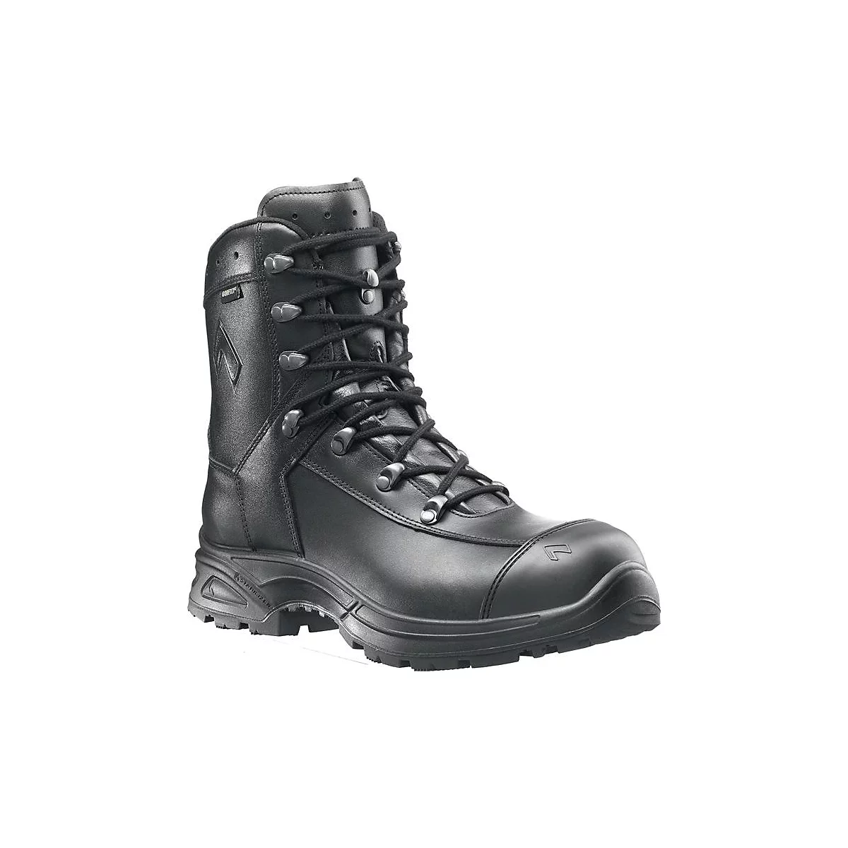 Botte noire avec lacets et semelles robustes. Logo sur le côté.