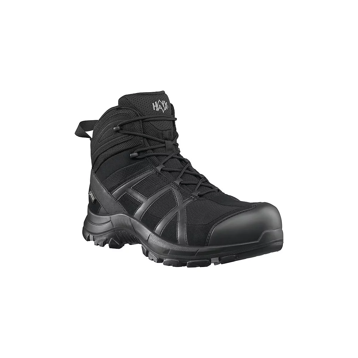 Botte noire avec lacets, semelle robuste. 'HAIX' sur la languette. 'GORE-TEX' sur le côté.