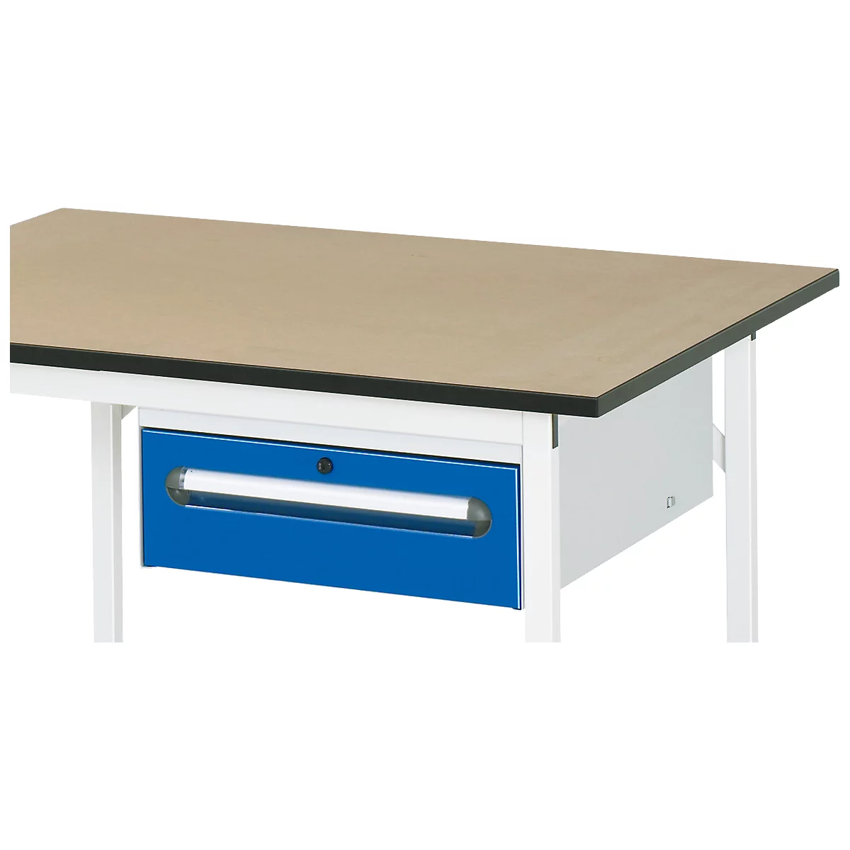 Desk with wooden top, blue drawer compartment and white frame.