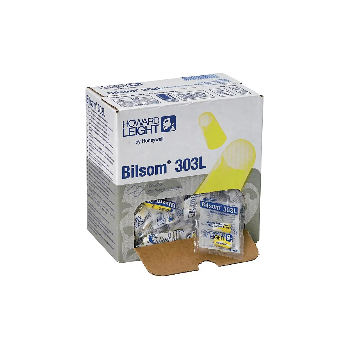 Boîte en carton de bouchons d'oreille jaunes. Les mots "Bilsom 303L" et "Howard Leight by Honeywell" sont imprimés sur la boîte.