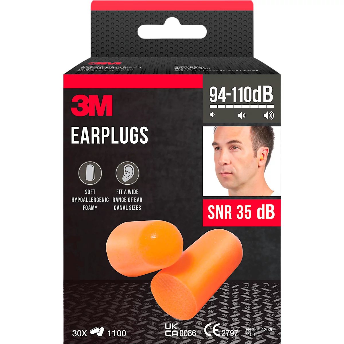 Bouchons d'oreille 3M orange devant l'emballage. Impressions: 94-110dB, SNR 35 dB, doux, hypoallergénique, s'adapte à un large éventail de tailles de conduits auditifs.
