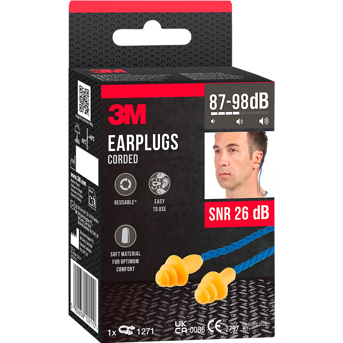 Bouchons d'oreilles 3M 1271, réutilisables, valeur SNR 26 dB, avec cordelette, TPE, orange, 1 paire, en emballage coussinet