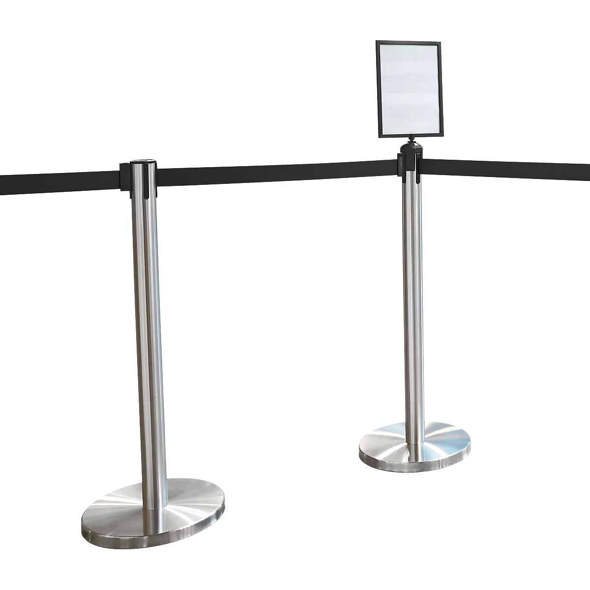 Two silver retractable belt stanchions with a black band and a blank sign. Ideal for queue management.