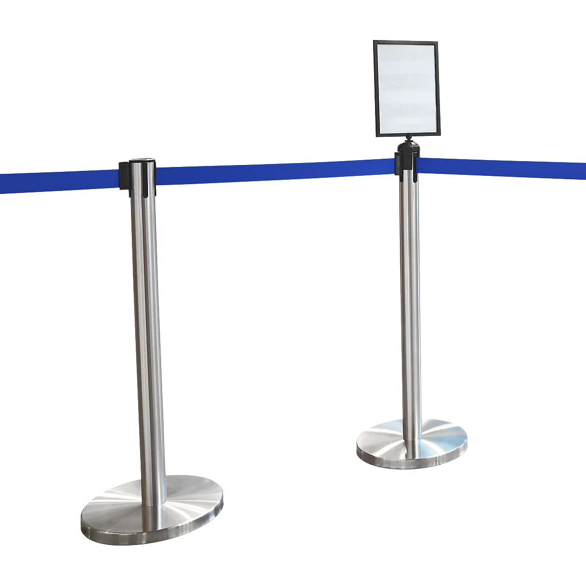 Two stainless steel stanchions with blue barrier tape and information sign. The background is white.