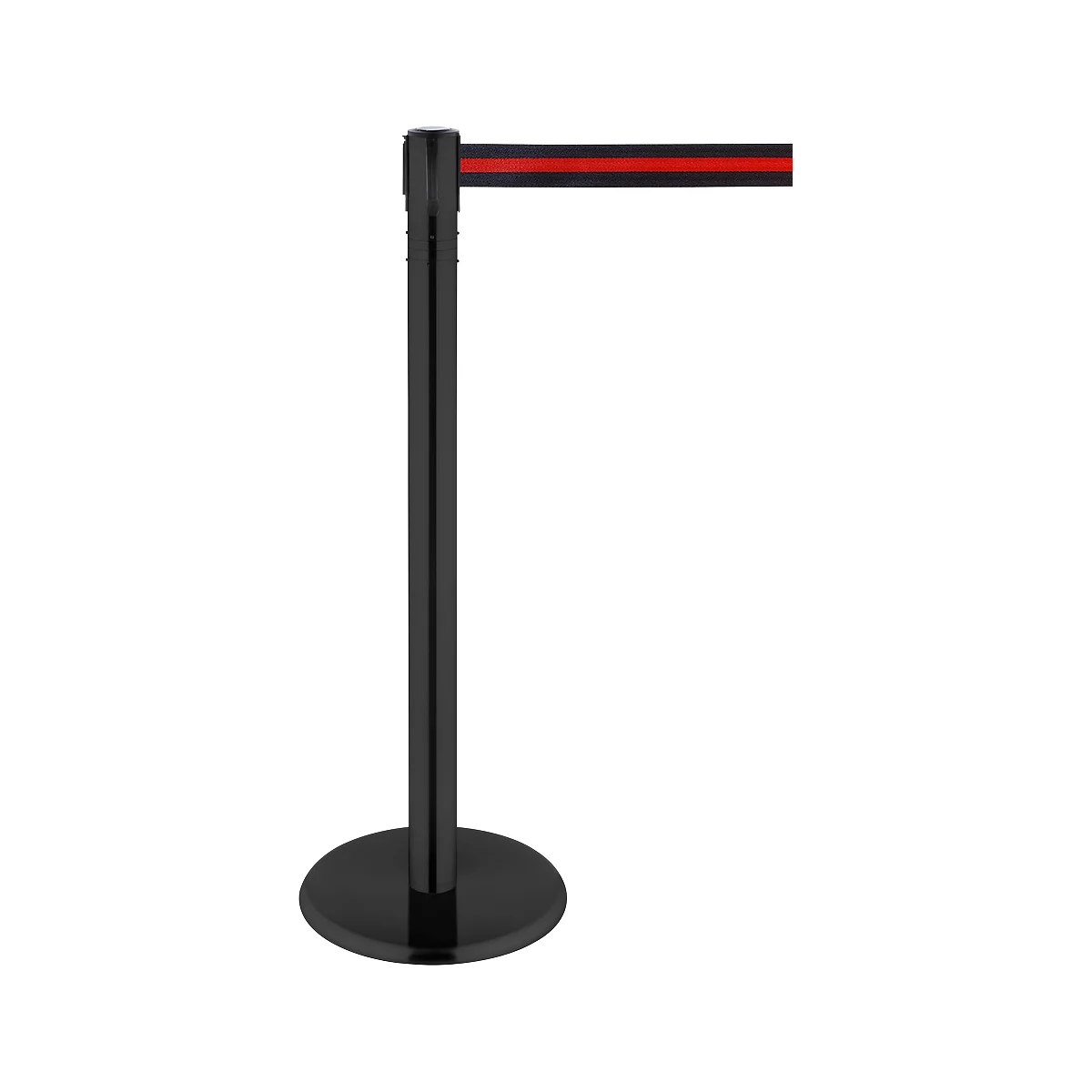 Black stanchion with red retractable belt. The stanchion has a round base and is against a white background.