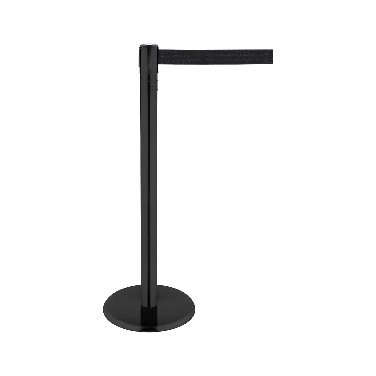 Black stanchion with retractable black belt. On a round foot. The belt is stretched at a right angle to the post.