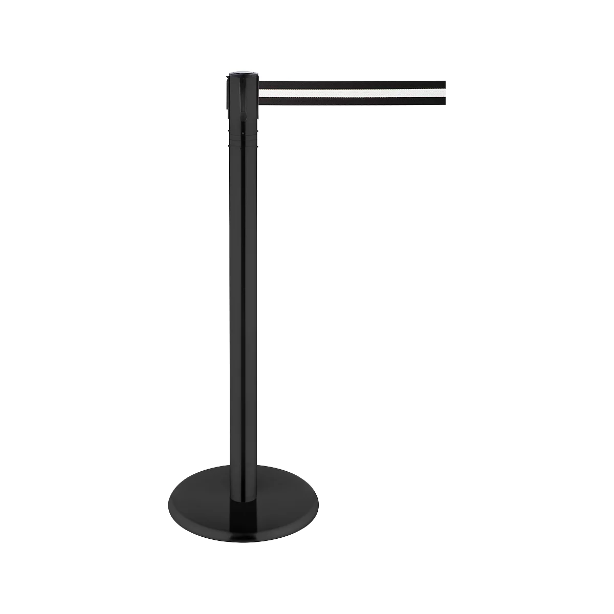 Black stanchion with retractable belt. The belt has white stripes. On a white background.