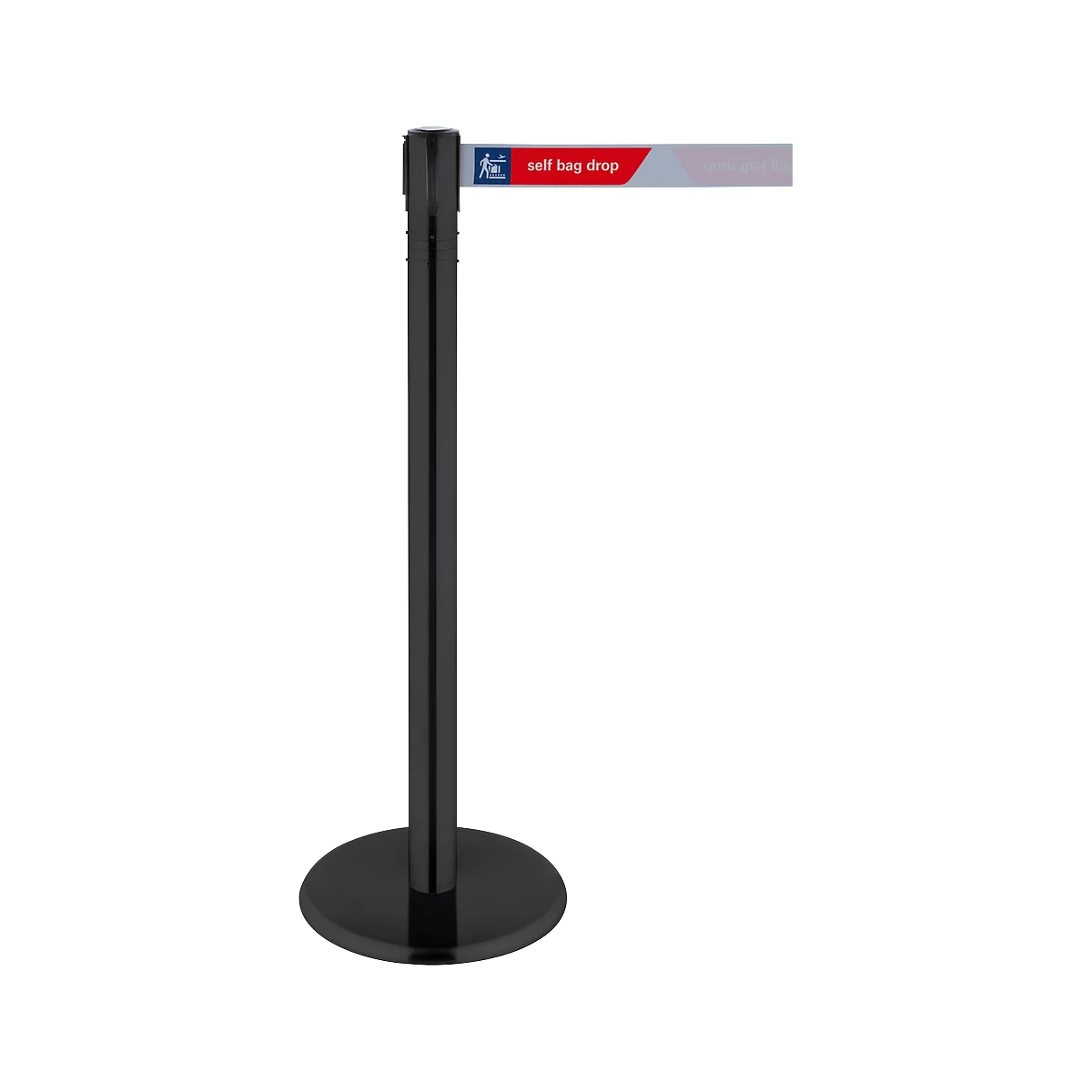Black stanchion with extendable belt, red and white labeled: self bag drop.