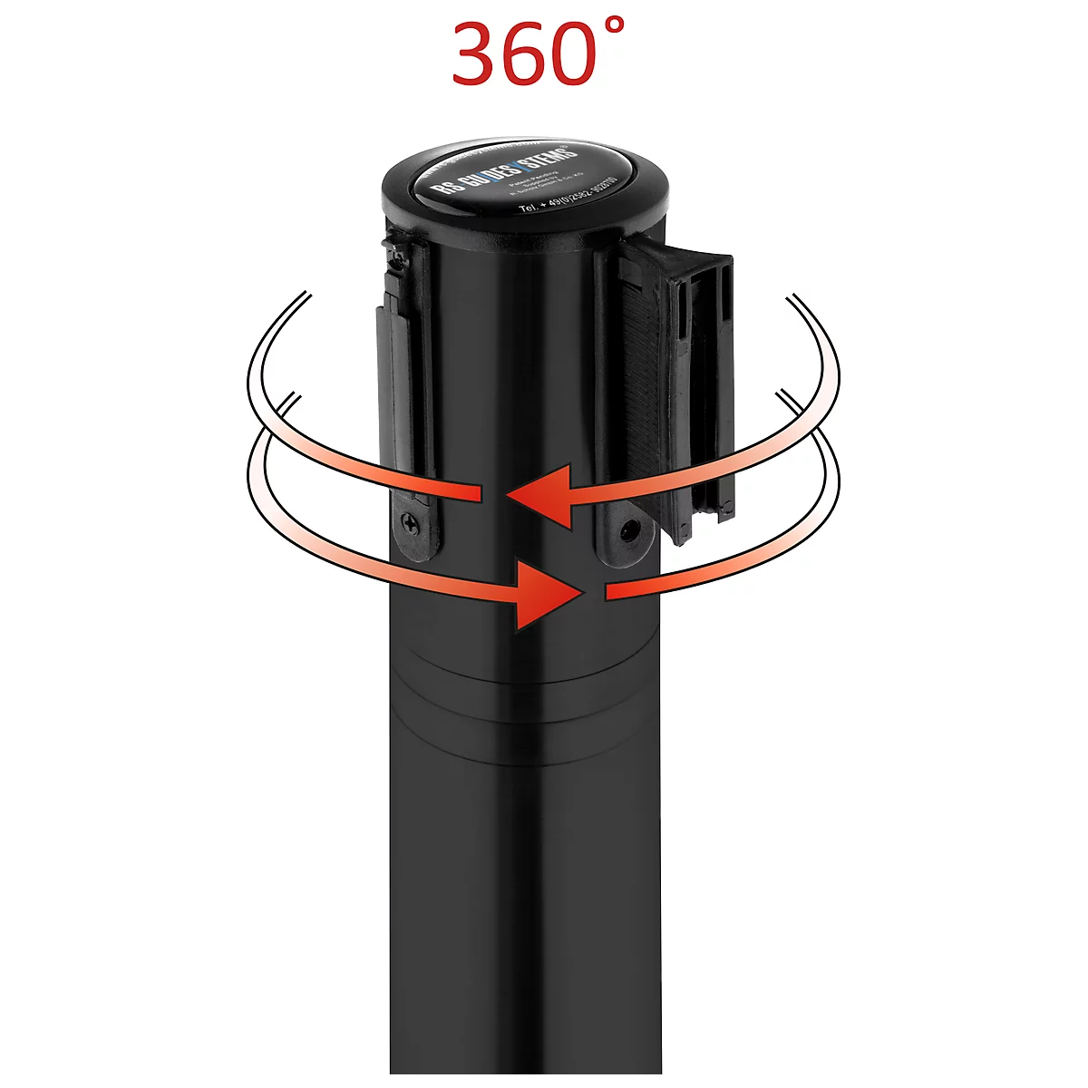 Black stanchion with rotating arrows. Text '360°'. Top is a roll with white text.