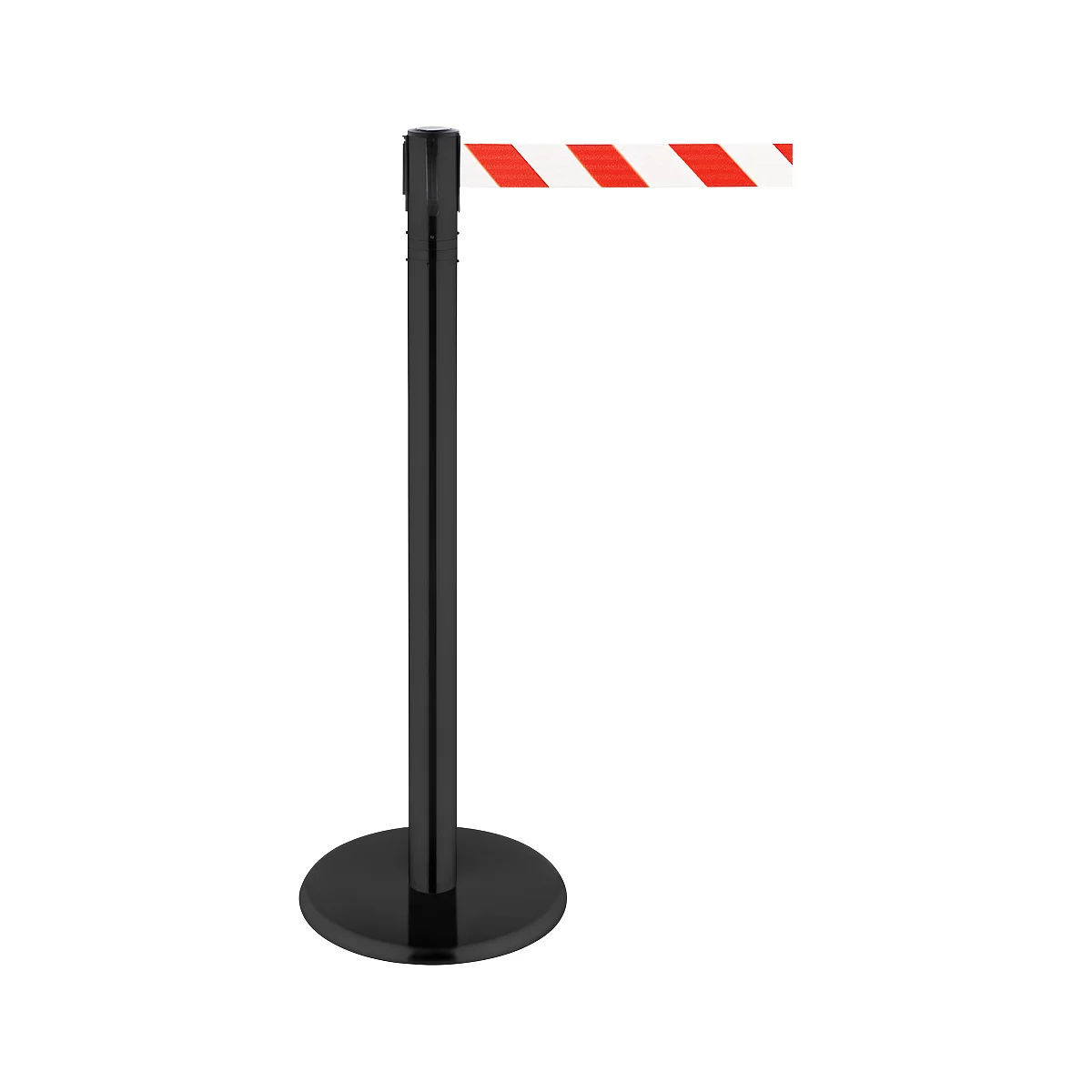 Black stanchion with red and white striped tape. Standing on a circular base.