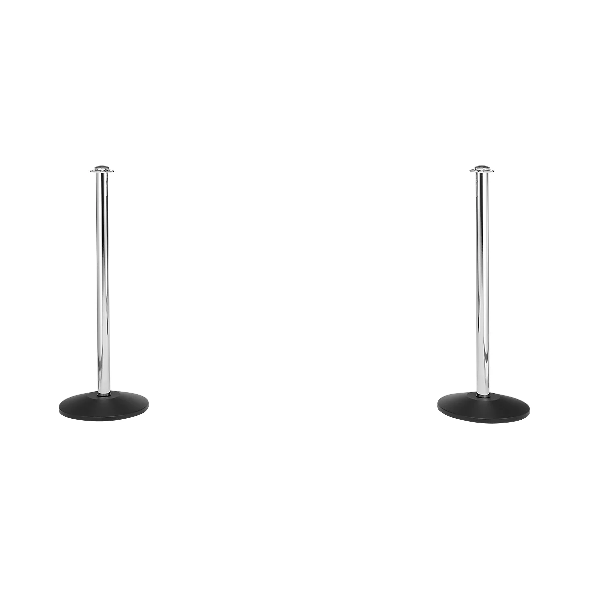Two silver stanchions with black round bases on a white background.