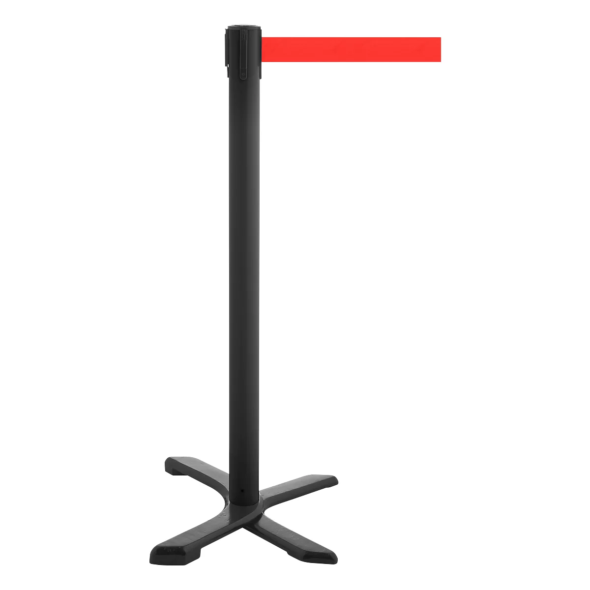 Black barrier post with red ribbon, in front of a white background.