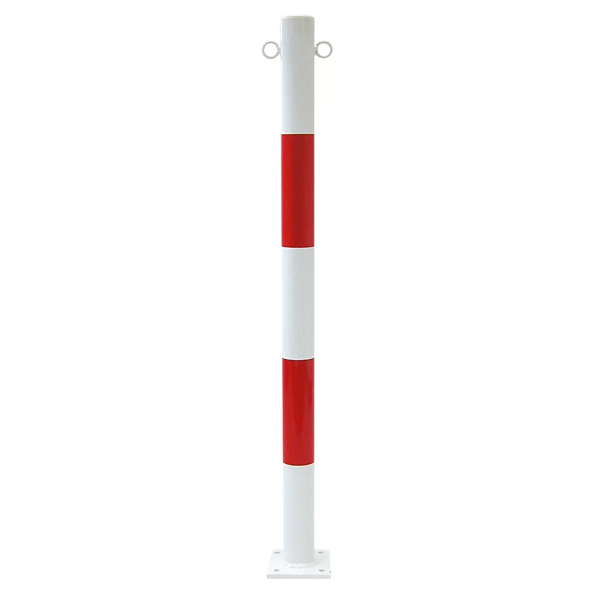 White and red striped bollard with silver eyelets.