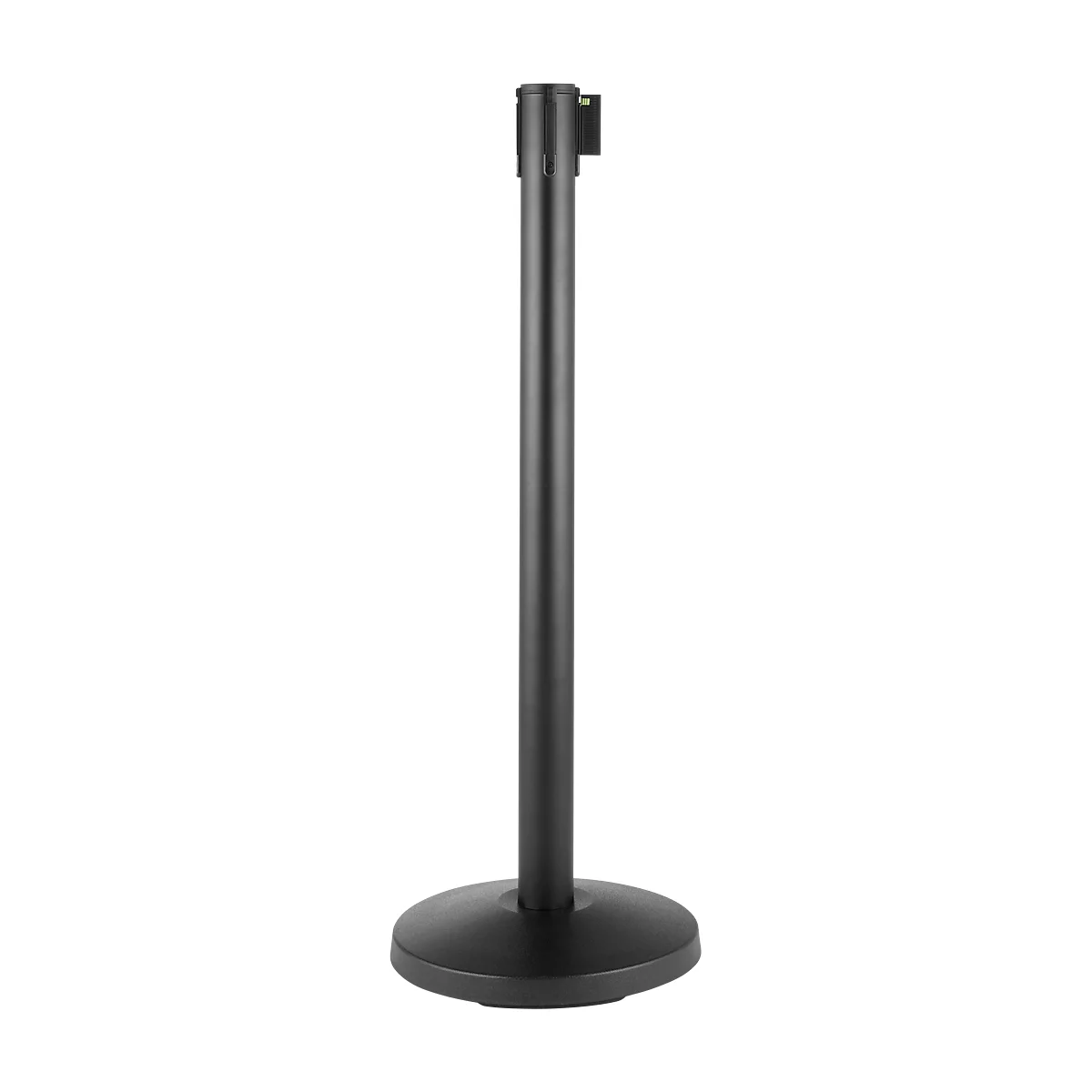 Black stanchion with round base. The stanchion is an upright cylinder, narrower in the middle.