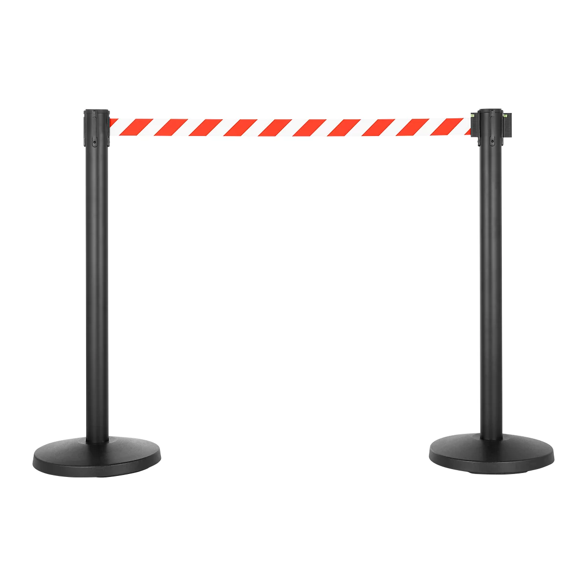 Black and white barrier with red band. On the right and left a round base with a black column and a red and white band.