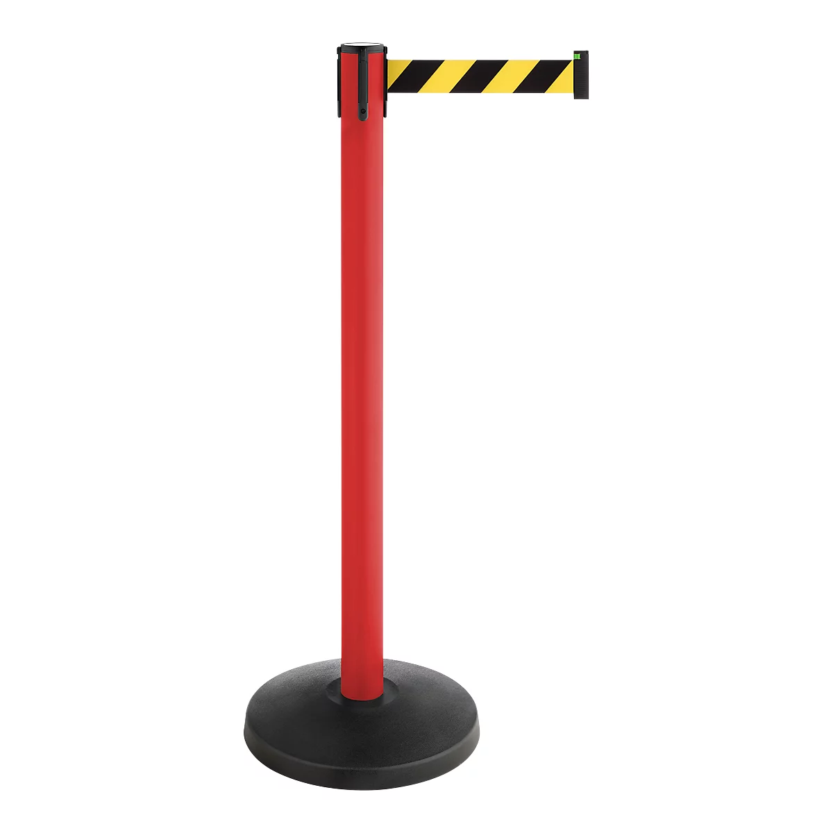 Red stanchion with black base and a yellow and black striped retractable belt.