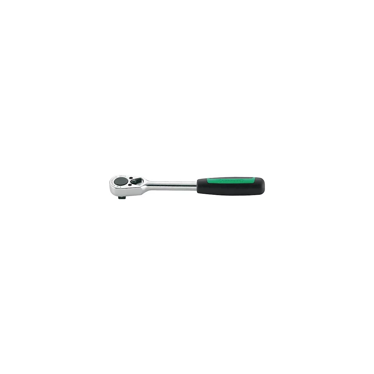 Un cliquet, argenté avec une poignée noire et des accents verts. Le mot-symbole est vert sur la poignée.