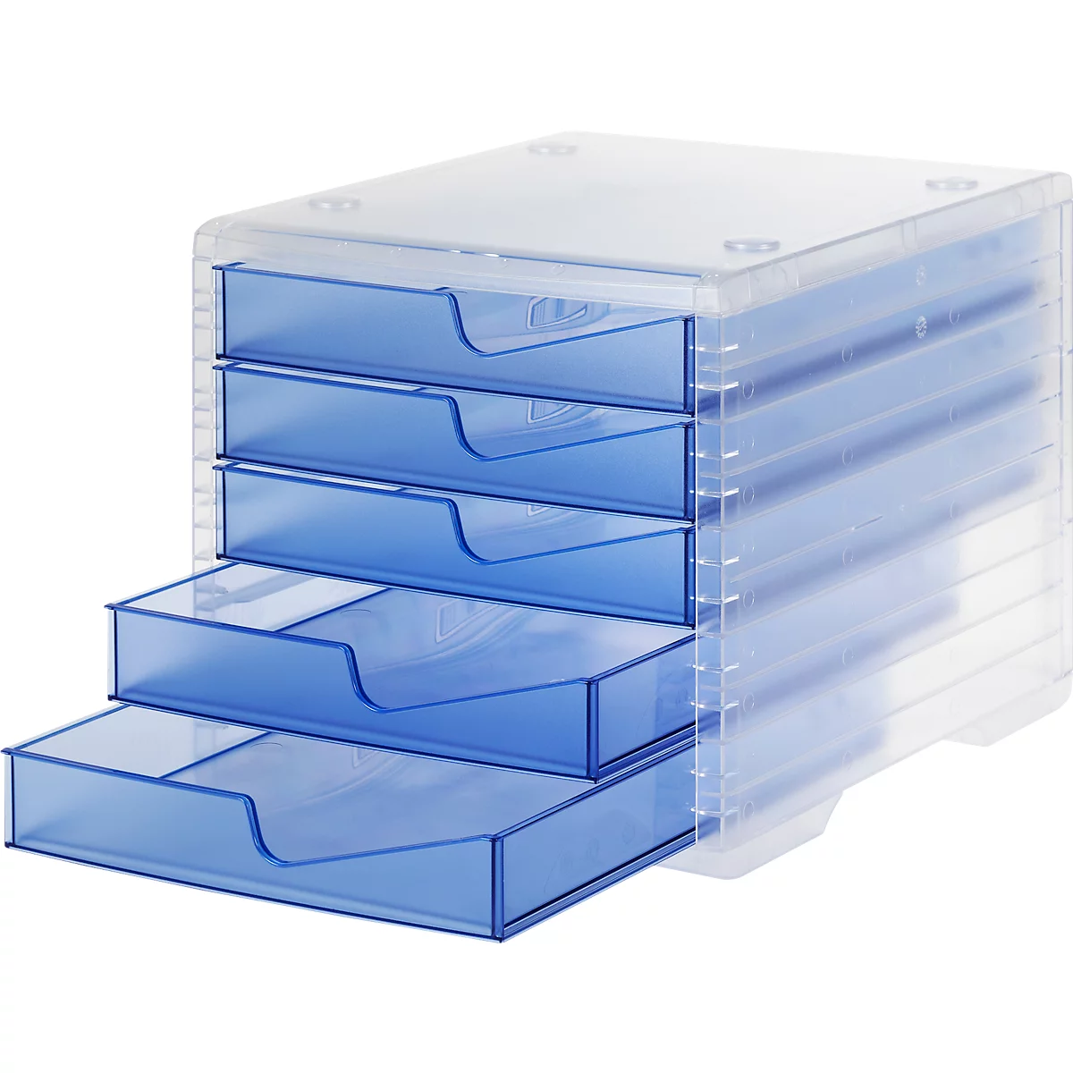 Box à tiroirs styro® styroswing light, 5 tiroirs, blocage de l'extraction &amp; poignée encastrée, empilable, L 270 x P 340 x H 255 mm, polystyrène, transparent-bleu clair