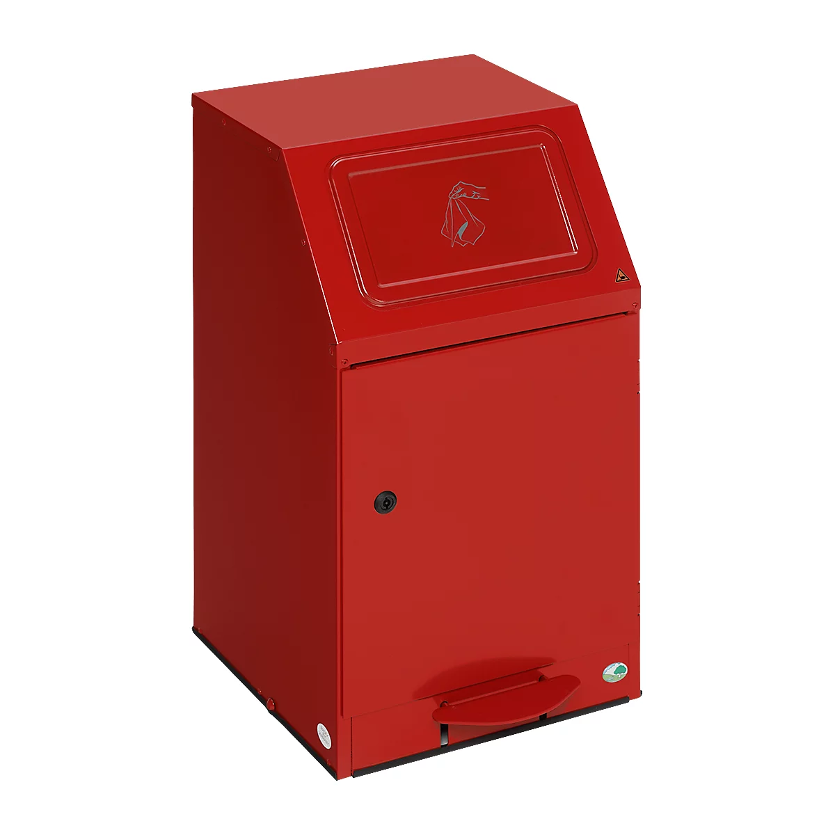 Red trash can, lid with bird logo, foot pedal.