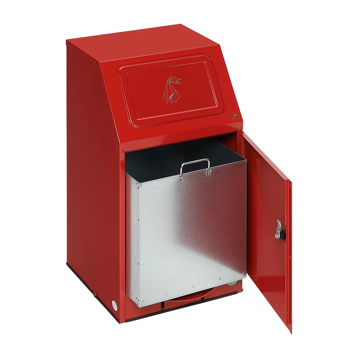 Red waste container with open lid, metallic inner bucket visible.