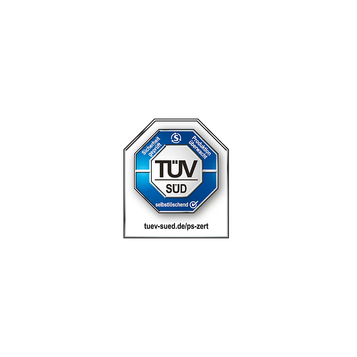 TÜV SÜD certification logo: Blue and white octagonal logo with texts such as "Safety tested", "Production monitored" and "self-extinguishing".
