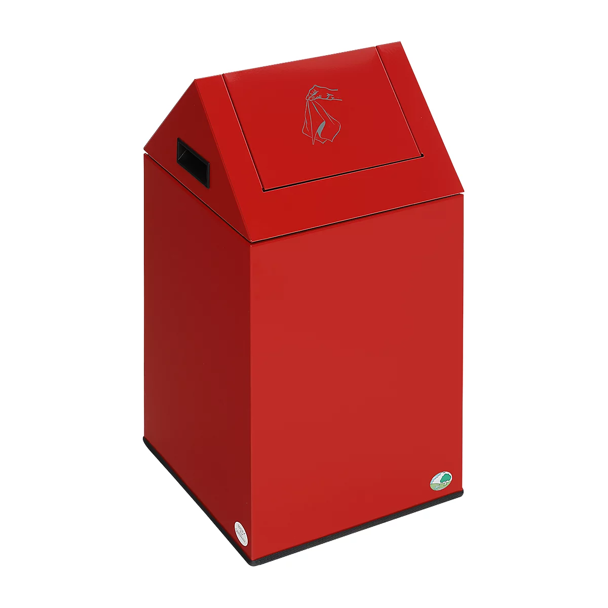 Red house-shaped trash can, lid with symbol. Rectangular body, handle hole.