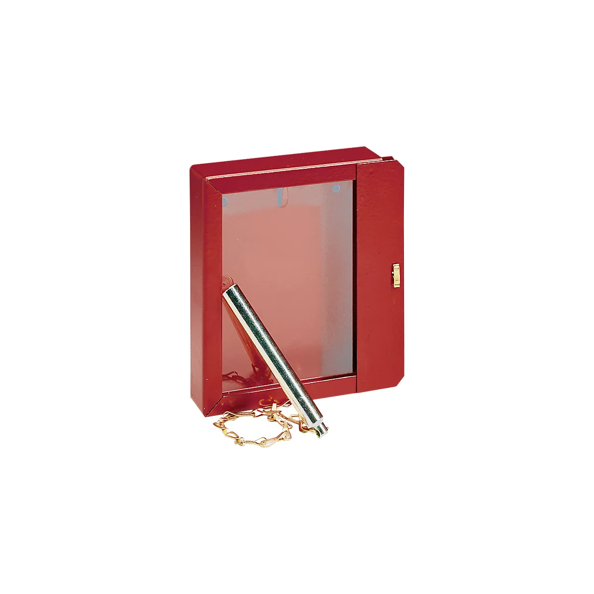 Red, rectangular fire extinguisher box with glass front, open with silver pin and chain.