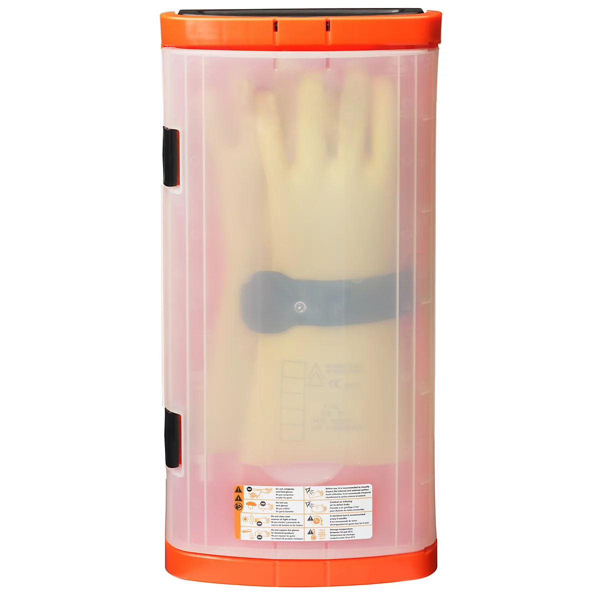 Gelbe Gummihandschuhe in einer orangefarbenen Schutzbox. Aufdrucke und Informationen auf der Box.