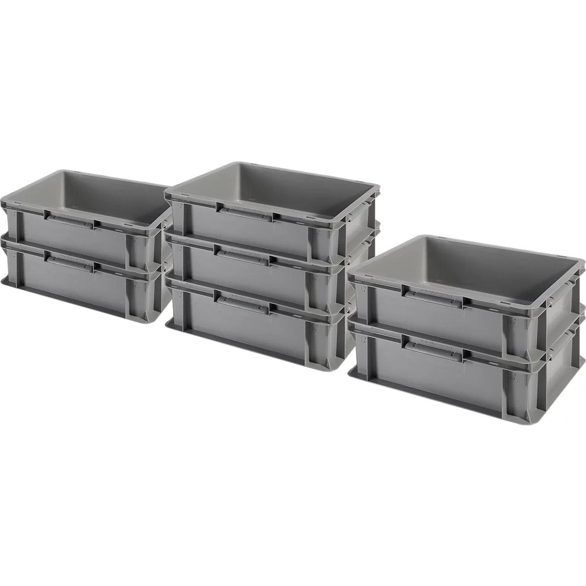 Stacked gray plastic containers. Three stacks, each consisting of three containers.