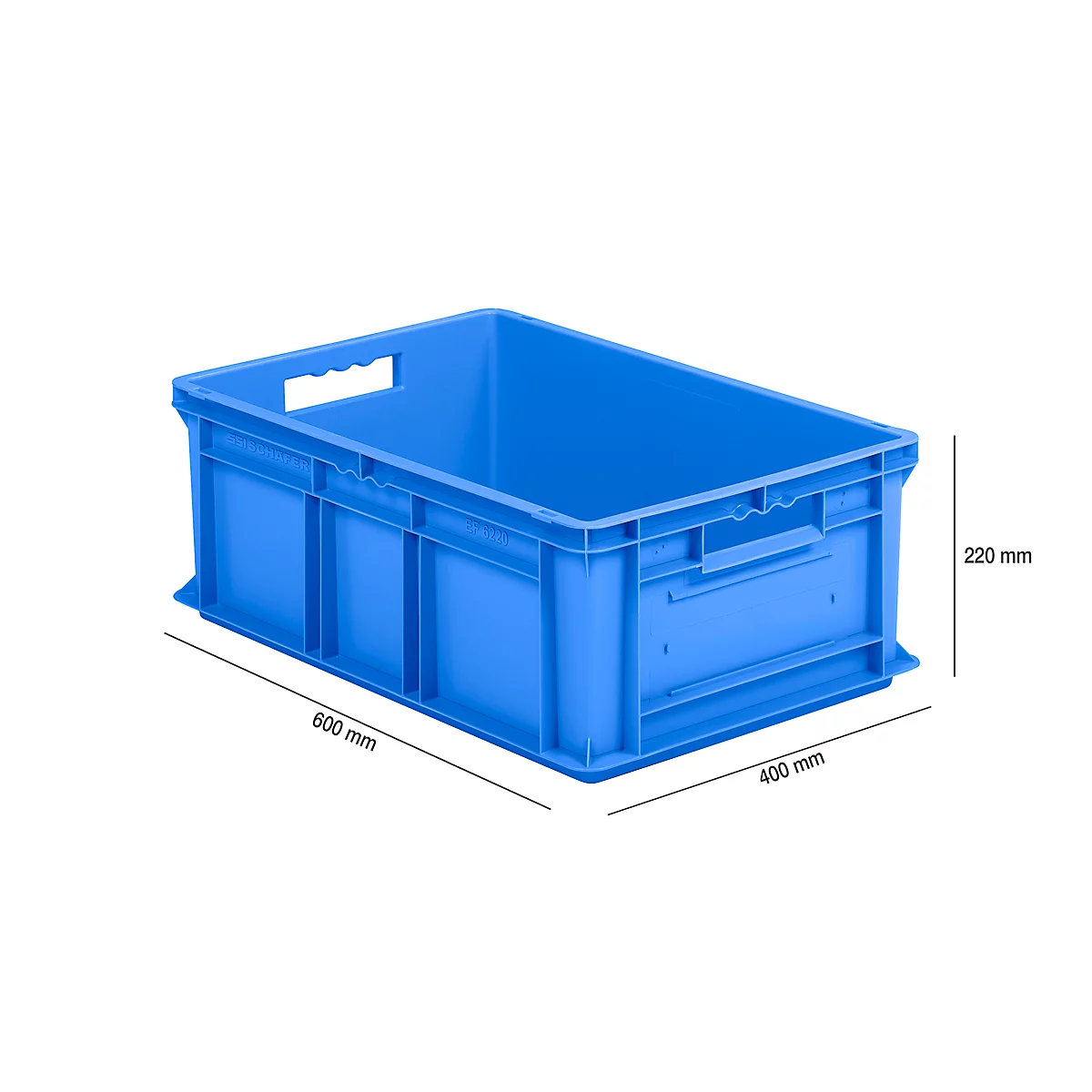 Light blue plastic crate with handles and dimensions (600 x 400 x 220 mm) against a white background.
