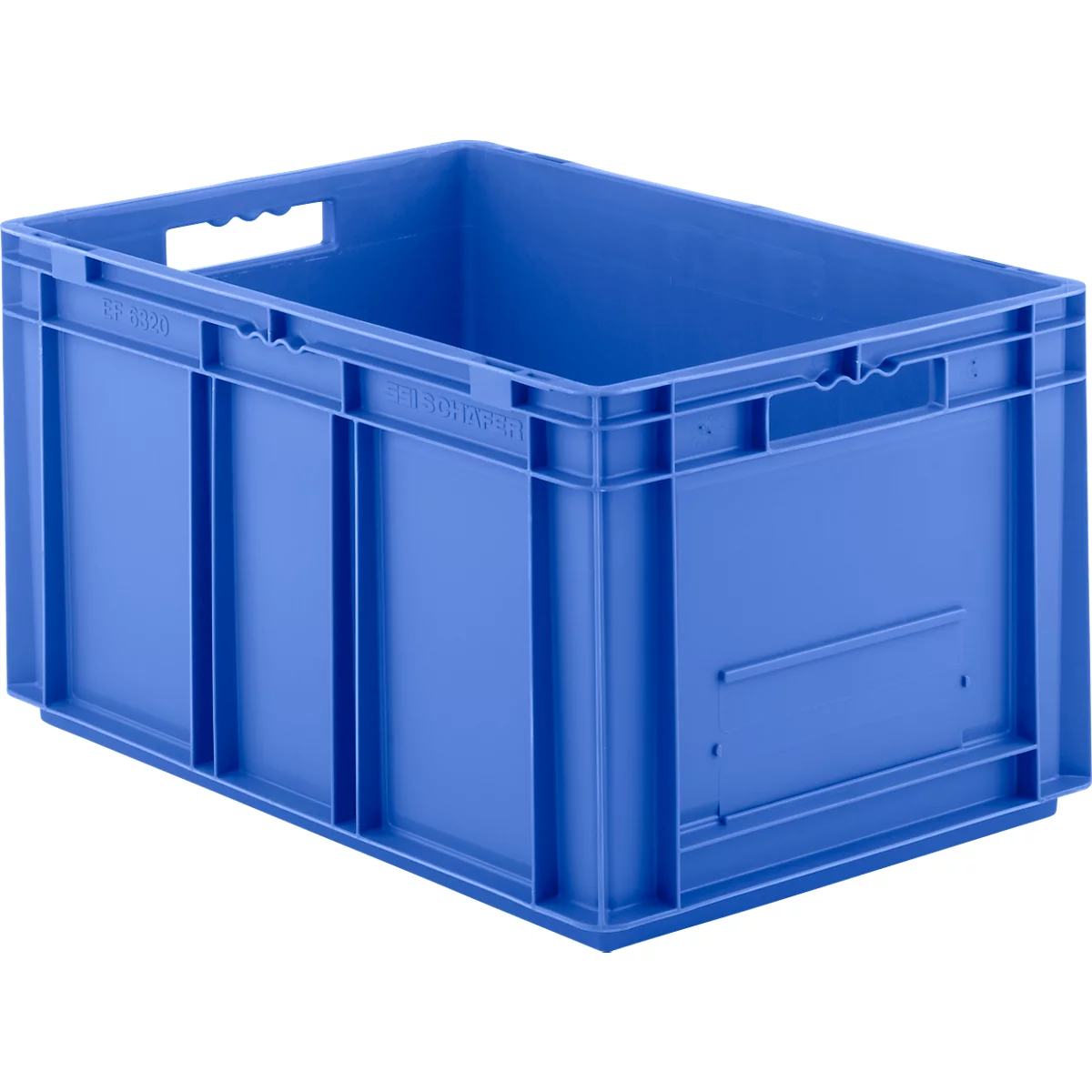 Blue plastic box with handles and vertical reinforcements on the sides.