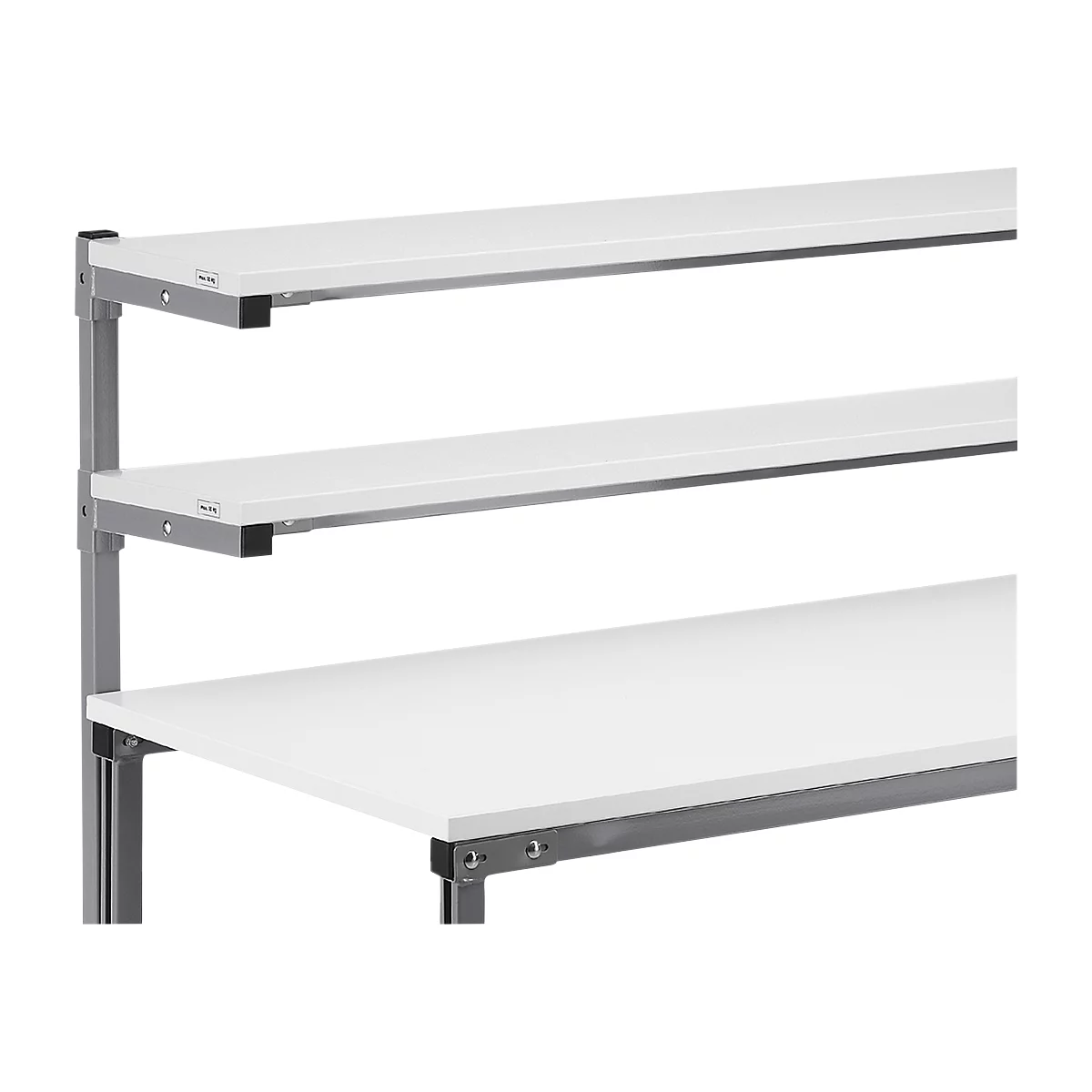 Close-up of a white shelf with three levels and metallic gray brackets. The top level has a small black border.